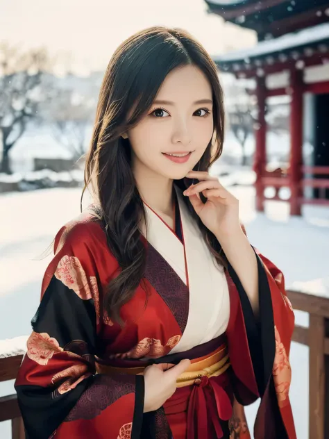 A breathtakingly beautiful 20-year-old woman with a slender physique, dressed in an elegant and luxurious black and red kimono suitable for the Japanese New Year. The background showcases a serene sunrise on New Years Day, with a traditional Japanese shrin...