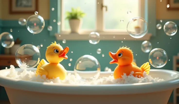 A magical scene of bubbles rising above the bathtub, with the duck and the rubber fish looking amazed at the big and small bubbles floating in the air. 