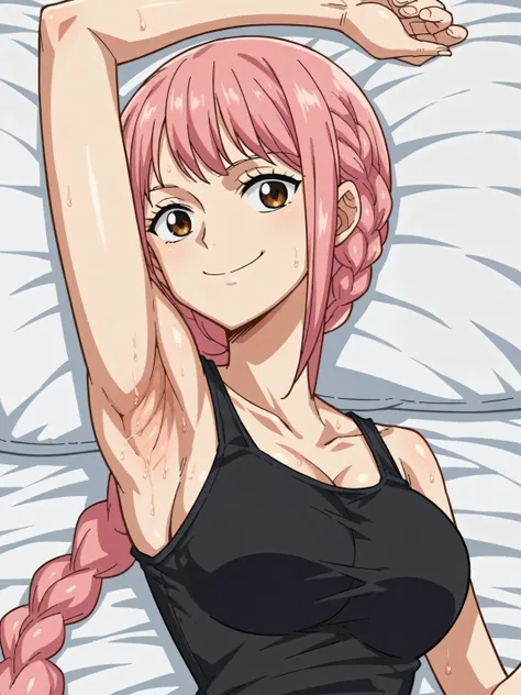 score_9, score_8_up, score_7_up, source_anime, anime screencap, 1girl, solo, RebeccaXLP, pink hair, brown eyes, large breasts, single braid, arm up, raised arm, armpit, looking at viewer, head towards viewer, smile, badhandv4, closed mouth, black tank top,...