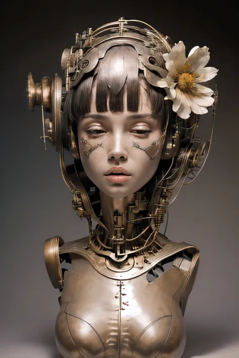 (masterpeace), ((super real photography: 1.5)), ((photo realistic: 1.3)), (real photo),
young girl with a lot of flowers, ((A young girl robot: 1.5)), (bust statue),
BREAK
headgear, ((real metalic skin)), ((beautiful face: 1.5)), ((Super cute: 1.5)), ((...
