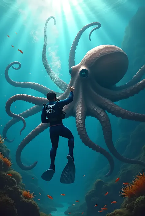 Create an image of a diver without a bottle fighting an octopus and with the text Happy 2025