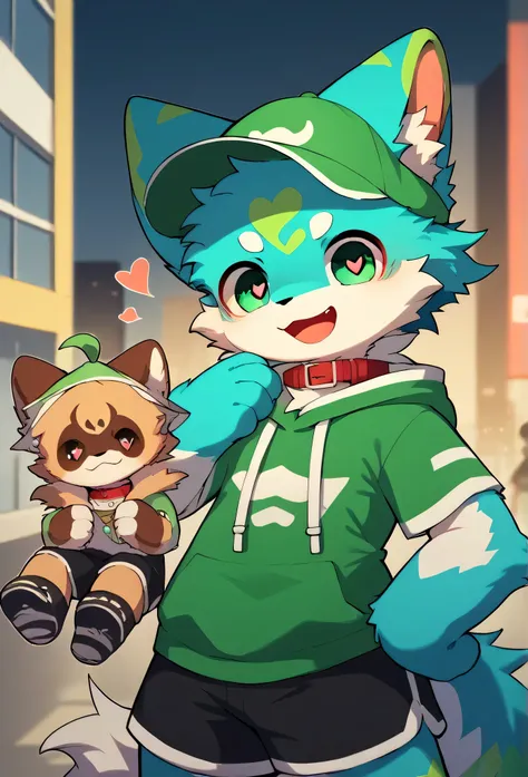   very detailedな,  very detailed,Blue fur, brown fur,male,骨を見て excited,Heart Eye,participate,Red collar, green white and colored hat ,  cute face,  LIKE A FLUFFY FURRY , excited,Horny boy,city,smile,, Stylish city,doll,Dropped ears,Beautiful City ,  my men...