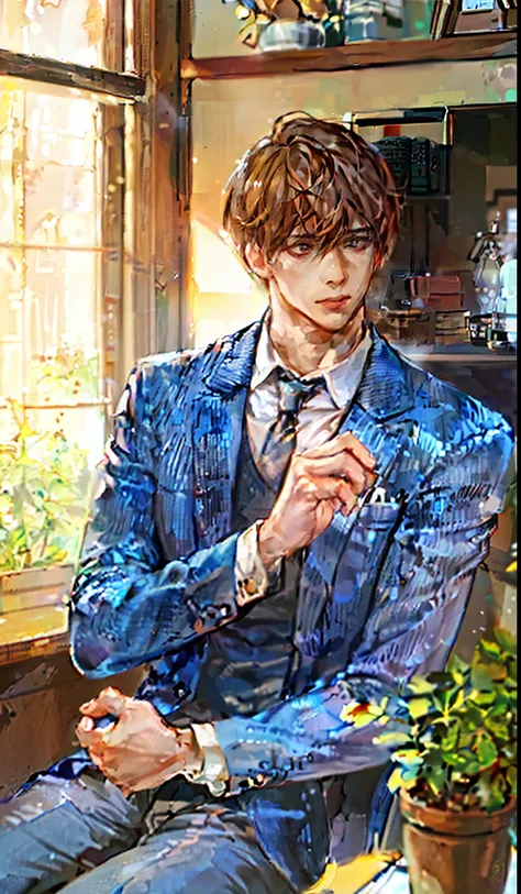 1man, portrait, beautiful handsome, solo, lips,  male focus, random colour, looking at viewer, short hair, gentle expression, suit.