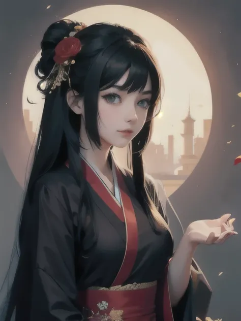 anime girl in a red and black dress with red flowers in her hair, artwork in the style of guweiz, guweiz, chinese girl, trending on cgstation, cute anime waifu in a nice dress, guweiz on pixiv artstation, palace ， a girl in hanfu, beautiful digital artwork...