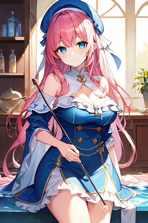 (4K、masterpiece、 top quality 、 high image quality、Detailed light、Detailed Shadows、 Detailed Design )、 1 girl、 pink hair、 long hair、 Fantasy World、 blue and white clothes、Beret、(Water Goddess)、( Healer)、 Off Shoulder 、Clergy、Water Magic、Cane、 ruffles in the...