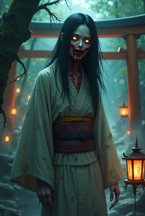 Heres the updated image prompt with added details:

"Create an illustration of a Chinese-inspired zombie, blending elements from traditional yōkai and spirits. The zombie should have a haunting, ethereal look with pale, decaying skin, long, disheveled blac...