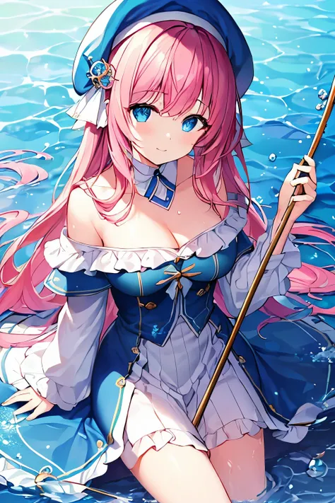 (4K、masterpiece、 top quality 、 high image quality、Detailed light、Detailed Shadows、 Detailed Design )、 1 girl、 pink hair、 long hair、 Fantasy World、 blue and white clothes、Beret、(Water Goddess)、( Healer)、 Off Shoulder 、 clergyman style design、Water Magic、((C...