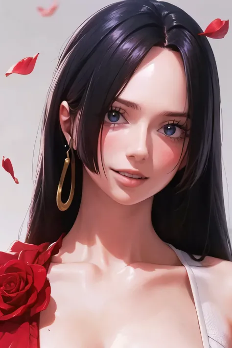 best quality, Masterpiece, Highly detailed,1 girl, ((rose)), (vine), cage, bandage, Red Rope, (detailed lighting), falling rose petals, Boa Hancock, (no:1.5), (Masterpiece:1.5), Detailed photos, smile, sexy, (8K, realistic, best quality: 1.4), (1 girl), be...