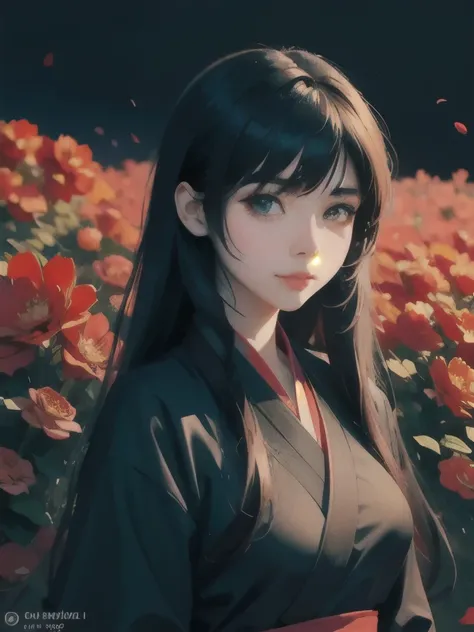 anime girl in a red and black dress with red flowers in her hair, artwork in the style of guweiz, guweiz, chinese girl, trending on cgstation, cute anime waifu in a nice dress, guweiz on pixiv artstation, palace ， a girl in hanfu, beautiful digital artwork...