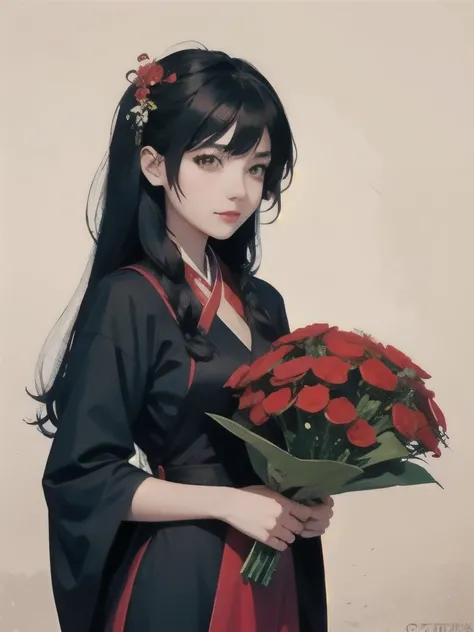 anime girl in a red and black dress with red flowers in her hair, artwork in the style of guweiz, guweiz, chinese girl, trending on cgstation, cute anime waifu in a nice dress, guweiz on pixiv artstation, palace ， a girl in hanfu, beautiful digital artwork...