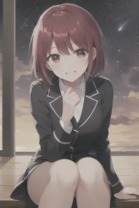 (Masterpiece, Top quality;1.3), Very detailed, Very detailed, 1 woman, Alone, Beautiful night sky, Red hair, red eyes, shot, Red, Red eye, Cuteness, Tsundere, Cuteness, Black coat over white dress, beauty, school background, smiling smile