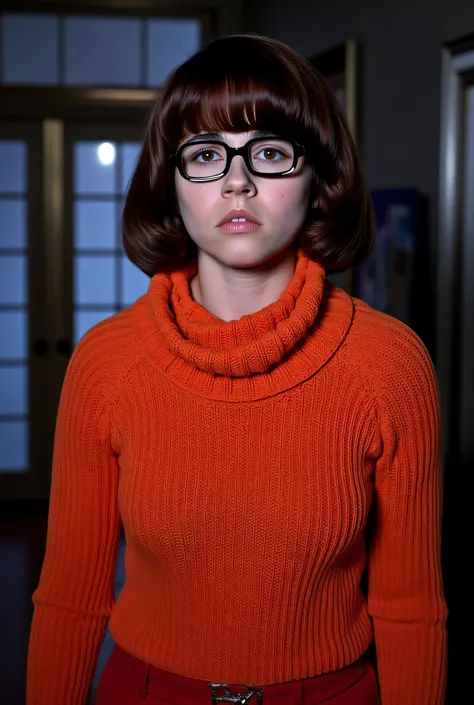 Linda cardelinni, (Velma), (wearing glasses), Adorable eyes, short brown hair, bangs, beautiful face, supermodel face, amazing eyes, (orange turtleneck sweater), inside a haunted house, aesthetic environment, realistic image, perfect photograph, photoshoot...