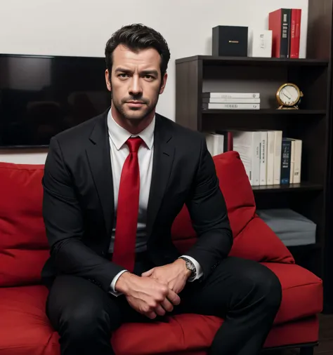  30 year old handsome, One Man,、  muscular、James Brian Mark Purefoy。  black shirt , red tie、  black slim pants 、 black hair、 short perm、office、 sit on the sofa、  black shirt、 red tie、  black slim pants 、  upper body up　James Brian Mark Purefoy,　front　Menac...