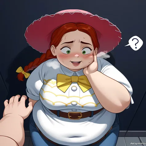 score_9, score_8_up, score_7_up,  score_6_up, BREAK, ToyJessie, 1girl, solo, green eyes, red hair, braid, bow, closed mouth, smile, cowboy hat, shirt, belt, boots, jeans,  swollen face, fat, chubby, obese, open mouth, out of breath, absurdres, highres icon...