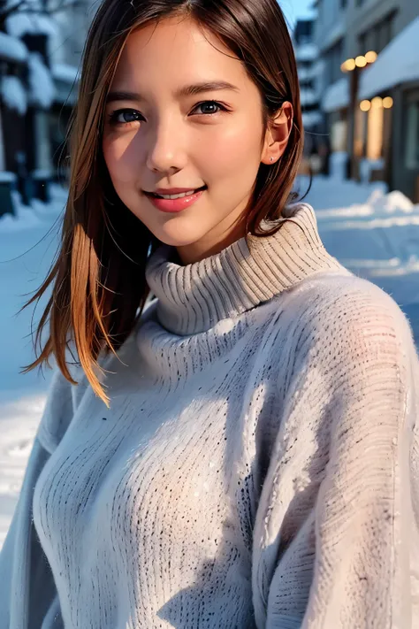 One girl,(Wearing a turtleneck sweater),(Winter jackets),(RAW Photos, Best Quality), (Realistic, photo-Realistic:1.4), masterpiece, Very delicate and beautiful, Very detailed, 2k wallpaper, wonderful, In detail, Very detailed CG unity 8k wallpaper, Super d...