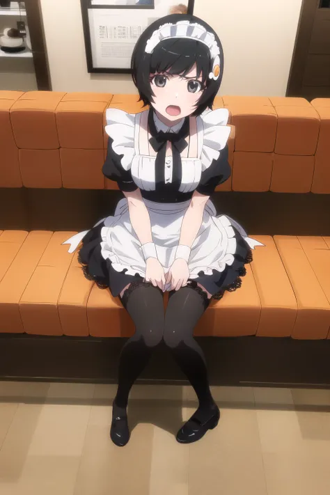 (Araragi Tsukihi),1Girl, short hair, hair ornament, egg  hair ornament,  split bang,  looking at viewer, Anger, open your mouth, maid headdress, mini-skirt maid, standing, lace stockings, (black mary Jane shoes), sitting, full body, restaurant
