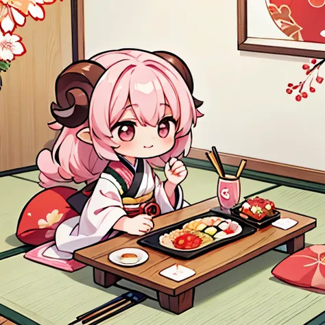  illustration of ‘Fua-chan’ happily enjoying a traditional Japanese New Year’s meal, an osechi box. Fua-chan has long pink hair styled(( in soft curls resembling sheep’s horns, ))and her pink eyes sparkle with joy and satisfaction. She is depicted sitting ...