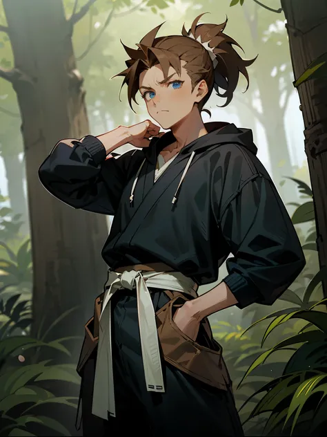 1male ,Adult, Serious Expression Messy Spiked Brown Hair , Pulled Back Into a spiky ponytail , Blue Eyes, Baggy Black Hoodie with graphics , Casual Combat Clothing , Sash Belt , Unique Clothing , Detailed Clothing , Perfect Generation, Standing In a Forest...