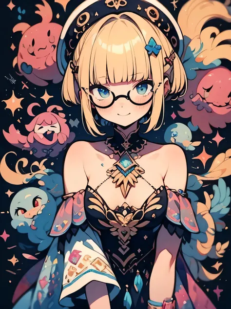 (looking at viewer:1.3),cute face,Alone, upperbody ,blonde shot pixie cut,(blunt bangs),glasses,((offshoulder:1.3)), Seven Colored Peacock Round Dress ,Queen,Rainbow Town ,god々Shii, have sex appeal, knee-high socks, absolute domain,smile, Graffiti Like Bir...