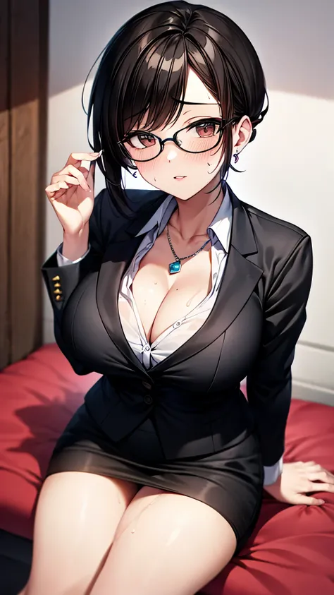 （ super high quality , super high res,16k,super masterpiece,Ultra HD ,Detailed shading and background,）A sexy mature woman is looking up,Glasses,pretty short black hair,A white shirt with a large extended collar, cleavage, black suit, black pencil skirt , ...