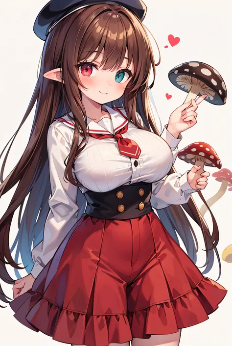 
Brown hair with navy blue tips
Dressed in a red long-sleeved shirt and a jumpsuit with a brown skirt and a mushroom style hat High resolution,  masterpiece,  Anatomically correct ,  long hair,  Brown hair, Hair and ears,  big breasts, blush, smile, hetero...