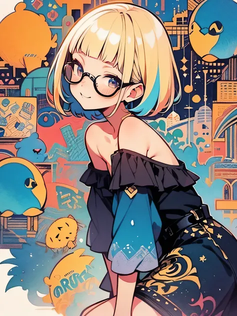 sideview,(looking at viewer:1.3),cute face,Alone, upperbody ,blonde shot pixie cut,(blunt bangs),glasses,((offshoulder:1.3)), Seven Colored Peacock Round Dress ,Queen,Rainbow Town ,god々Shii, have sex appeal, knee-high socks, absolute domain,smile, Graffiti...