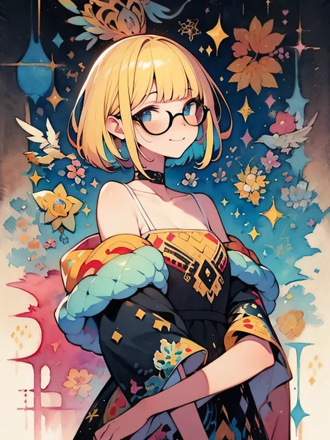 sideview+,cute face,Alone, upperbody ,blonde shot pixie cut,(blunt bangs),glasses,((offshoulder:1.3)), Seven Colored Peacock Round Dress ,Queen,Rainbow Town ,god々Shii, have sex appeal, knee-high socks, absolute domain,smile, Graffiti Like Bird Feathers, to...