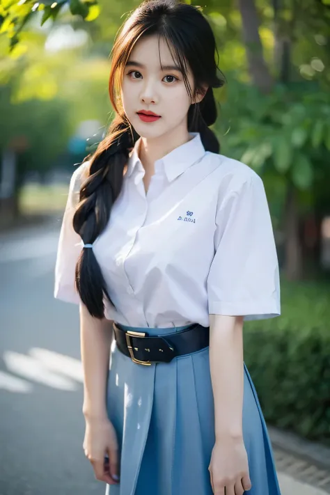 cute thai girl without bang, solo, dollies eye, long hair, blue skirt, white shirt,black hair, ribbon, braid hair, belt, right hand, left hand, photo background ,high_resolution ,excellent, performance and top quality, hyper_detail ,8k,Realism, large breas...