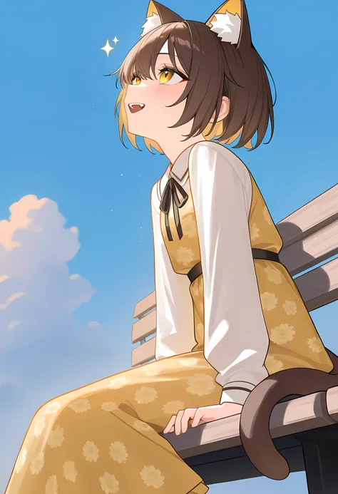 from side, 1 girl, short brownhair, cat ears, cat tail, yellow floral dress, smile, sparkling, eyes half open mouth, canine tooth, sitting on bench, looking up at the sky, blue sky, cloud, BREAK masterpiece, best quality, amazing quality, very aesthetic, a...