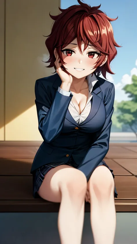 （ super high quality , super high res,16k,super masterpiece,Ultra HD ,Detailed shading and background,） sexy girl , white shirt, cleavage, navy blue blazer, plaid mini skirt ,smile,blush,Park in the morning sun, expand her legs, hold your hair with one han...