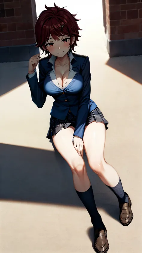 （ super high quality , super high res,16k,super masterpiece,Ultra HD ,Detailed shading and background,） sexy girl , white shirt, cleavage, navy blue blazer, plaid mini skirt , black knee socks ,smile,blush,Park in the morning sun, expand her legs,