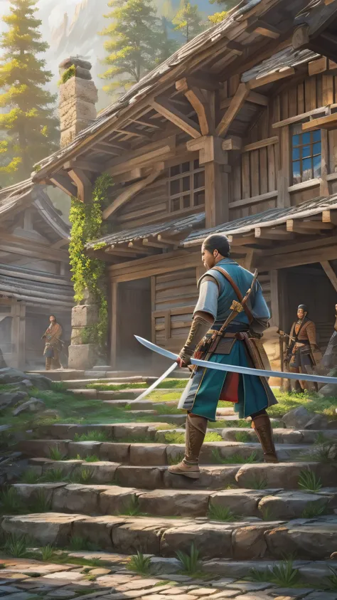 masterpiece,  very detailed,  super real ,  detailed background ,  bright lighting , Daylight,, (A swordsman fights against bandits in a plaza surrounded by woods), (Mountain hut), (Wide angle),