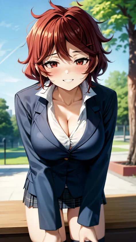 （ super high quality , super high res,16k,super masterpiece,Ultra HD ,Detailed shading and background,） sexy girl , white shirt, cleavage, navy blue blazer, plaid mini skirt , black knee socks ,smile,blush,Park in the morning sun,Leaning forward greatly,