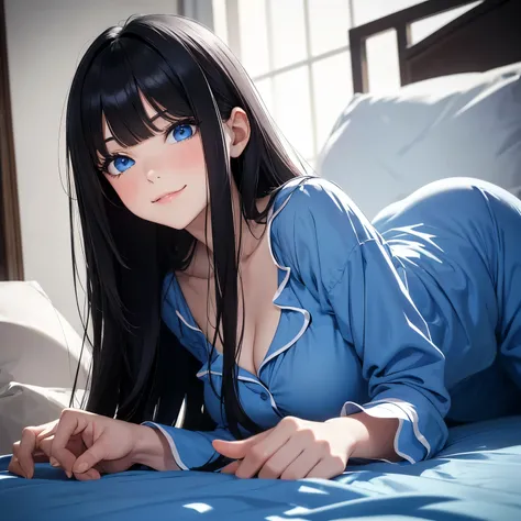 absurderes, ultra-detailliert,bright colour,(in 8K:1.3),masuter piece,extremely beautiful detailed face and eye, 2,(Smooth straight black hair), (Shiny long hair),(Pattsun bangs), (Deep blue eyes) Delicate beautiful face, red blush, (wearing blue sleeping ...