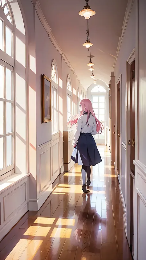 “Inside the high school during spring, cherry blossom petals drift in through open windows, scattering across the polished hallway floor. The main character walks down the hall with a stack of music sheets in her hands, her eyes focused ahead. The sunlight...