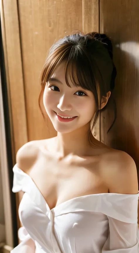 masterpiece,best quality,(Japanese girl),((Beautiful girl)),cleavage,(off shoulder:1.2),(perfect body beauty:1.2),(shy smile),From slightly above