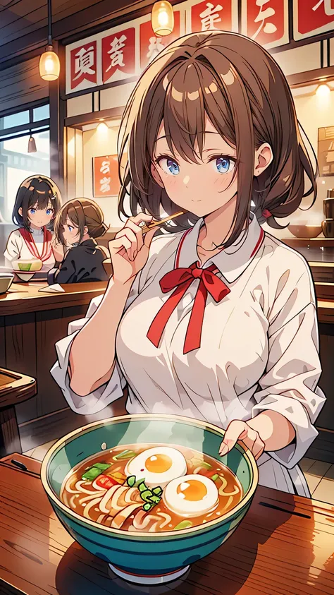 “Four young women are seated together at a cozy ramen shop, each with a bowl of steaming ramen in front of them. One girl is eagerly slurping noodles, her eyes closed in satisfaction, while another carefully tastes the broth with a thoughtful expression. A...