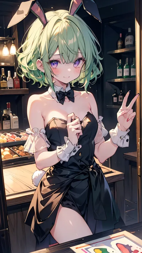  super detailed ,  top quality ,  high res, (( 1 girl)), 8k, the above,  pale wheat-colored skin, (dark green hair), ( short hair、Curly hair), ( :1.3), (dark store 内、bar、neon、 bar counter),   purple eyes、( smiling:1.2), (Red lipstick),   beautiful collarbo...