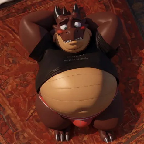 Male dragon, high angle shot, extremely obese, very fat body, fat cheeks, huge belly, long mouth, enormous chin, very big round belly, very big boobs, big pointy teeth, chubby face, 3D render, tight short sleeves t-shirt, t-shirt cut above his boobs, too t...