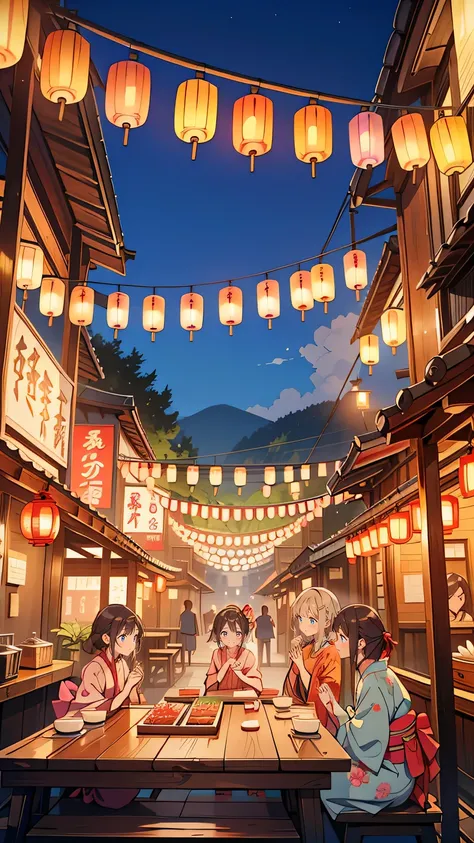 “A bustling Japanese summer festival at night, filled with glowing lanterns and colorful yukata-clad visitors. The air is alive with the sounds of traditional music and the laughter of ren. Four young women walk among the crowd, stopping occasionally at fo...