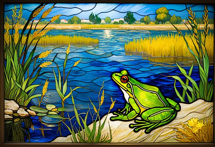  stained glass painted by Van Gogh,Frog,Riverside