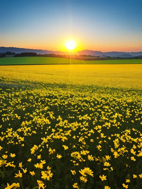 spring field, sun rise, beautiful landscape, happy new year,