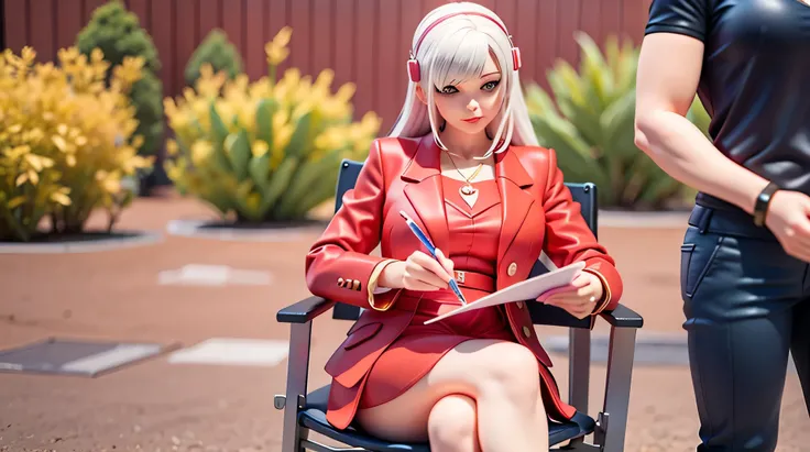 woman sitting in a chair with a clipboard and pen in her hand, mrs bean, wearing a red outfit, tv commercial, red writing, still from a music video, from a movie scene, inspired by Joanna Carrington, yelena belova, red suit, white haired lady, wearing red ...