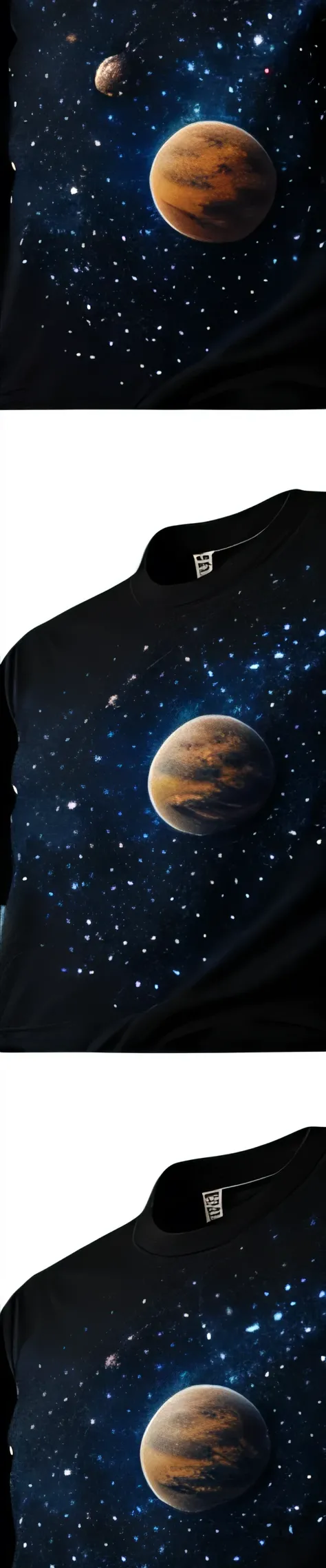 T-shirt design featuring a galaxy with stars and planets.