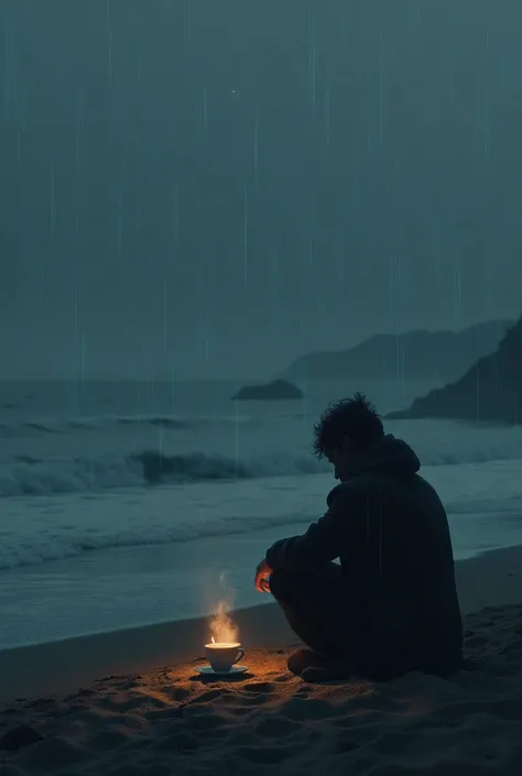 Dark time beach and tea with cigarette for rain vibes 