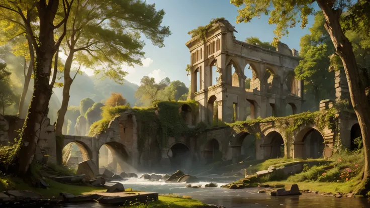 masterpiece, best quality, high quality, beautiful, highres, photorealistic, landscape, ruins, in the woods,