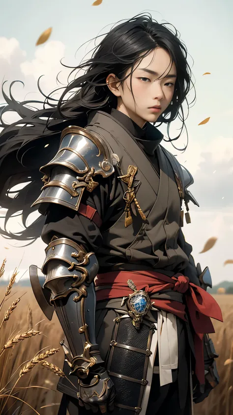 Live Action、 Genuine、(((AS-Adult))), Crouch Down , Handsome Samurai, Perfect Figure , Modern samurai , Wear gloves ,,It is made with protective equipment, upper body、Hold the sword with both hands、Wheat-colored wheat field , In the case of a high reso...