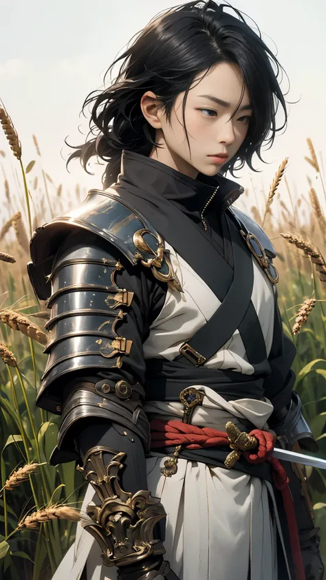 Live Action、 Genuine、(((AS-Adult))), Crouch Down , Handsome Samurai, Perfect Figure , Modern samurai , Wear gloves ,, its made with protective equipment, upper body、Hold the sword with both hands、Wheat-colored wheat field , In the case of a high resol...