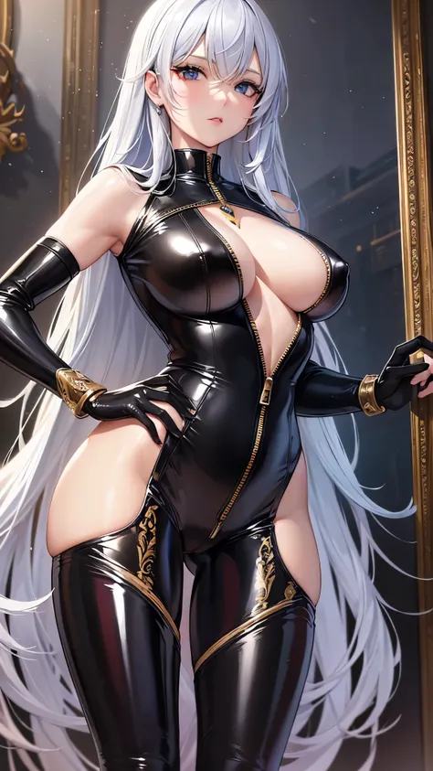 (( top quality )),( super high res),( super detailed ),( detailed description ),(( best CG )),( Best Artwork ), Ultra Precision Art, Amazing Painted Art ,(Exquisite art:1.5), woman,  Latex Bodysuit, zipper,  front open ,  no bra