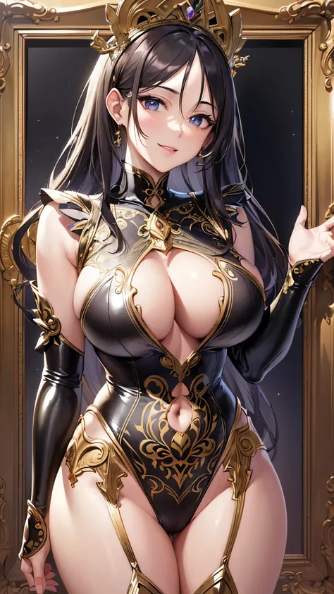 (( top quality )),( super high res),( super detailed ),( detailed description ),(( best CG )),( Best Artwork ), Ultra Precision Art, Amazing Painted Art ,(Exquisite art:1.5), woman,  Latex Bodysuit,  front open ,  no bra, belly button, smile,  deep cleavag...